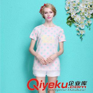 T恤 歐美風(fēng)2015夏季模特實(shí)拍新款波點(diǎn)拼接歐根紗拼接字母印花T恤批發(fā)原始圖片2