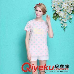 T恤 歐美風(fēng)2015夏季模特實(shí)拍新款波點(diǎn)拼接歐根紗拼接字母印花T恤批發(fā)原始圖片3