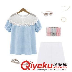 T恤 歐洲站 2015夏裝新款歐美風(fēng)女裝胖mm加大碼蕾絲鏤空棉麻寬松短袖原始圖片2