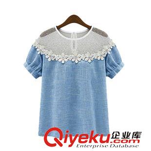 T恤 歐洲站 2015夏裝新款歐美風(fēng)女裝胖mm加大碼蕾絲鏤空棉麻寬松短袖原始圖片3