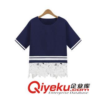 T恤 2015歐洲站夏裝新款歐美蕾絲拼接時(shí)尚短袖T恤寬松夏季女式T恤衫原始圖片2