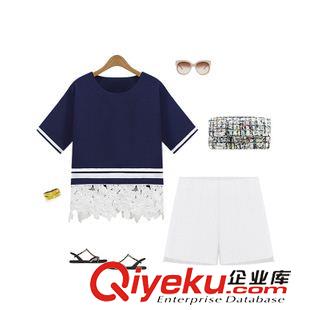 T恤 2015歐洲站夏裝新款歐美蕾絲拼接時(shí)尚短袖T恤寬松夏季女式T恤衫原始圖片3