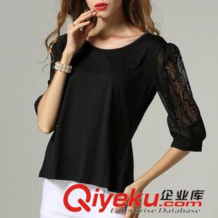 T恤 歐洲站2015夏季新款歐美風(fēng)加肥加大女裝胖MM蕾絲寬松中袖T恤上衣原始圖片3