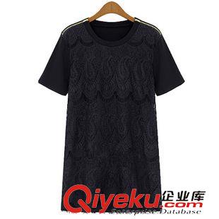 T恤 歐美女裝2015夏季新款圓領(lǐng)短袖拉鏈蕾絲拼接短袖打底女式T恤批發(fā)原始圖片2