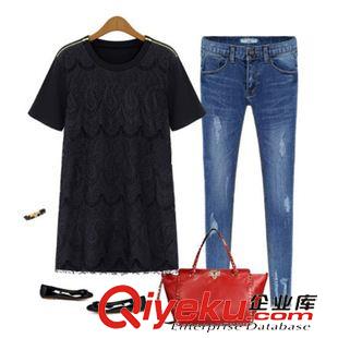 T恤 歐美女裝2015夏季新款圓領(lǐng)短袖拉鏈蕾絲拼接短袖打底女式T恤批發(fā)原始圖片3