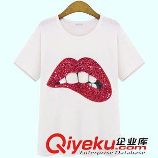 T恤 2015夏季新款歐洲站嘴唇亮片短袖T恤 女裝圓領(lǐng)打底上衣百搭T恤衫原始圖片3