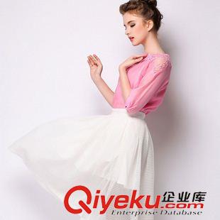 T恤 實(shí)拍 歐洲站2015夏季新款歐美時(shí)尚大牌純色襯衣蕾絲拼接歐根紗T恤原始圖片2