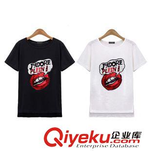 T恤 歐洲站大碼女裝2015夏裝新款歐美時(shí)尚胖mm嘴唇亮片短袖T恤服裝原始圖片3