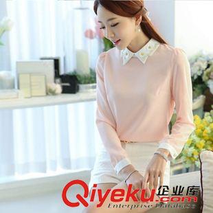 夏季新品7月23 2015春裝新款釘珠鑲鉆粉色套頭娃娃領(lǐng)修身雪紡衫打底衫女廠家直銷原始圖片2