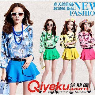 夏季新品7月23 2015早秋裝新款甜美印花直筒荷葉邊腰帶上衣女修身短褲裙兩件套裝