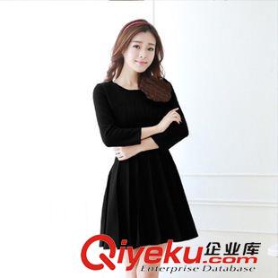 夏季新品7月23 2015夏裝韓版新款氣質(zhì)純色修身圓領套頭長袖百褶裙太空棉連衣裙原始圖片2