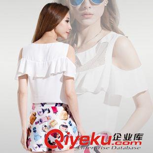 夏季新品7月23 2015夏季新款兩件套大碼女裝上衣露肩雪紡短袖+印花時尚短褲套裝原始圖片3