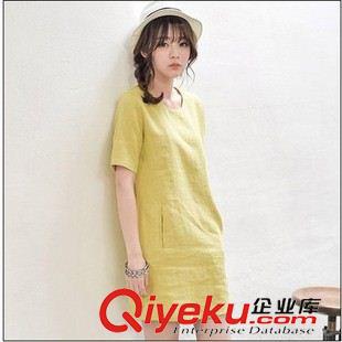 夏季新品7月19 2015夏裝韓國短袖棉麻修身連衣裙寬松韓版女裝亞麻打底裙子 實拍