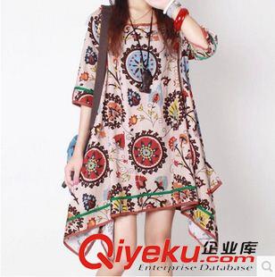夏季新品7月19 2015韓版寬松大碼時尚圖騰印花棉麻精致包邊不規(guī)則女裝連衣裙原始圖片2