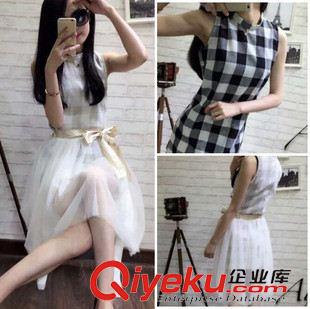 休閑套裝 2015夏季女裝新款 時尚格子麻料連衣裙+網紗半身裙 兩件套 連衣裙原始圖片2