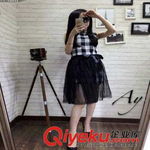 休閑套裝 2015夏季女裝新款 時尚格子麻料連衣裙+網紗半身裙 兩件套 連衣裙原始圖片3