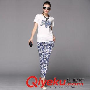 休閑套裝 歐洲站2015夏季新款歐美風(fēng)時尚女圓領(lǐng)短袖T恤+亞麻哈倫九分褲套裝