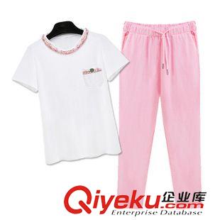 休閑套裝 歐洲站2015夏季新款歐美風(fēng)時尚女圓領(lǐng)短袖T恤+亞麻哈倫九分褲套裝原始圖片2