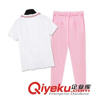 休閑套裝 歐洲站2015夏季新款歐美風(fēng)時尚女圓領(lǐng)短袖T恤+亞麻哈倫九分褲套裝原始圖片3
