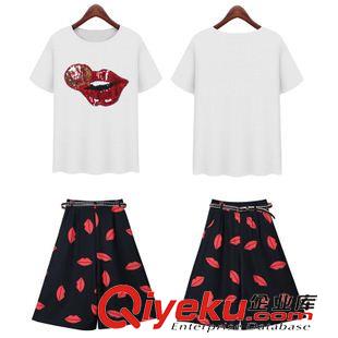 休閑套裝 實拍 歐洲站2015夏季新款歐美風(fēng)圓領(lǐng)大紅唇+T恤短褲套裝(送腰帶)原始圖片2
