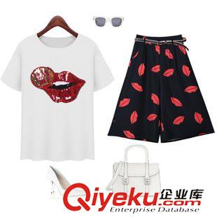 休閑套裝 實拍 歐洲站2015夏季新款歐美風(fēng)圓領(lǐng)大紅唇+T恤短褲套裝(送腰帶)原始圖片3