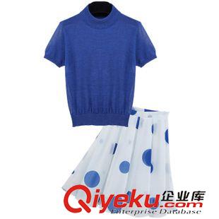 休閑套裝 歐洲站2015夏季新款套裝氣質半高領針織衫雪紡波點中裙女裝兩件套原始圖片2