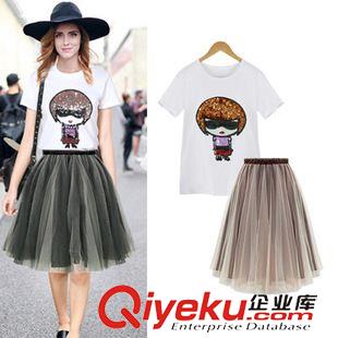 休閑套裝 歐洲站 2015夏季新款歐美大碼女裝胖mm小人圖案T恤+純色中裙套裝原始圖片2