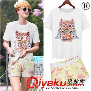 休閑套裝 歐洲站 2015夏季新款歐美大碼女裝胖mm小人圖案T恤+純色中裙套裝
