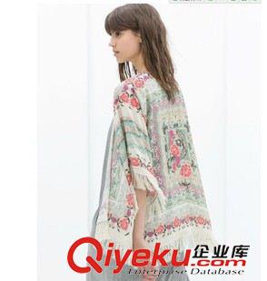 夏季新品7月19 2015蝙蝠袖 雪纺定位印花流苏披肩和服式开衫外套防晒衫T恤和服