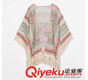 夏季新品7月19 2015蝙蝠袖 雪纺定位印花流苏披肩和服式开衫外套防晒衫T恤和服