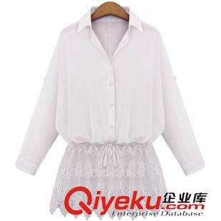 上衣襯衫 2015夏裝新款女裝翻領(lǐng)中長(zhǎng)款蕾絲拼接白襯衫百搭打底女式上衣衫衣原始圖片3