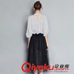 夏季新品7月15 2015早秋女裝歐洲站復合條紋長裙修身顯瘦半袖荷葉邊連衣裙新品款原始圖片3