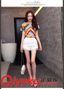 夏季新品7月15 2015新品款夏套裝歐洲站小香彩色條紋上衣+A型高腰闊腿短褲兩件套原始圖片3