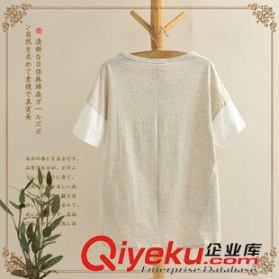 夏季新品7月12 2015韓版文藝范素雅印花簡約白色拼接全棉休閑 女式T恤