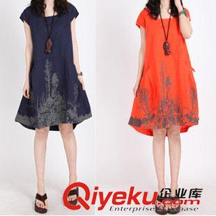 夏季新品7月12 2015夏裝森女休閑寬松大碼水墨印花棉麻短袖連衣裙