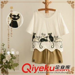 夏季新品7月12 可愛小貓咪貼布短袖圓領(lǐng)白色百搭T恤女裝日系森女系2015夏裝新款原始圖片2