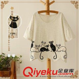 夏季新品7月12 可愛小貓咪貼布短袖圓領(lǐng)白色百搭T恤女裝日系森女系2015夏裝新款原始圖片3