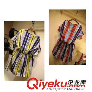 6月新品 韓國東大門代購夏撞色條紋顯瘦荷葉袖中長款 女裝連衣裙代發(fā)原始圖片3