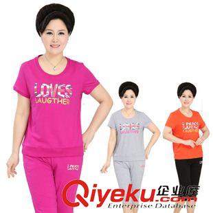 中老年套裝女夏 大碼春款中年2015夏款休閑運動套裝圓領衛(wèi)衣短袖七分褲加肥特大碼