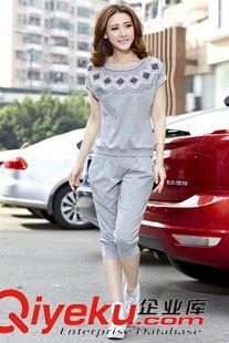 女套裝 2021藍(lán)色夏天2015夏韓國印花棉七分中褲兩件套休閑運動套裝女原始圖片2