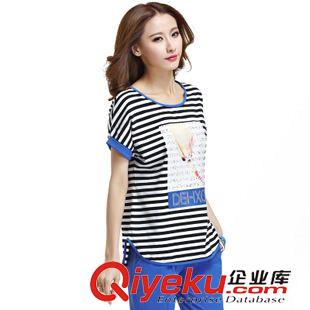 女套裝 夏季女士大碼條紋運(yùn)動(dòng)套裝韓版休閑條紋運(yùn)動(dòng)服圓領(lǐng)棉T恤七分褲女原始圖片3