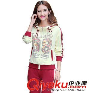 *女印花二件套 拼色長袖連帽條紋休閑運動套裝女開衫2015早秋新品韓版時尚衛批發原始圖片2
