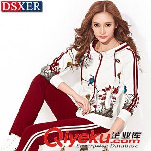 *女印花二件套 运动服女2015运动套装秋季新品连帽印荷花大码卫衣休闲套装时尚棉