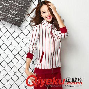 *女拼色二件套 2015早秋新款套裝條紋大碼女裝兩件套時尚休閑運(yùn)動套裝長褲媽媽裝原始圖片2