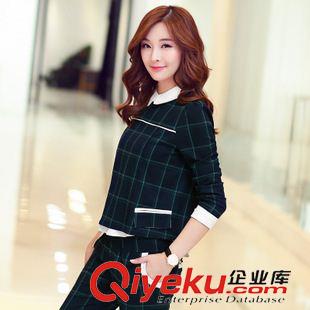 *女純色三件套 絕色天嬌2015早秋時尚娃娃領格紋套裝女式修身時尚運動休閑款純棉原始圖片3