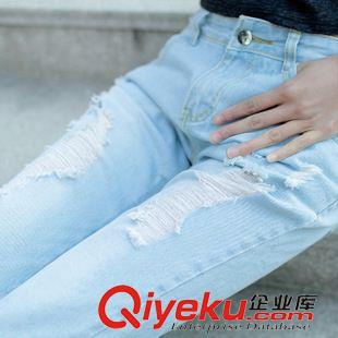 秋冬冬款牛仔褲 韓國女裝秋季新款 時尚寬松破洞七分哈倫牛仔褲 女原始圖片2