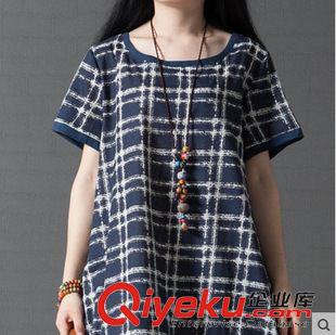 亞麻系列 2015夏季大碼女裝中長款 文藝寬松格子棉麻連衣裙原始圖片3
