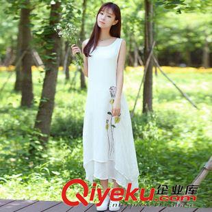 亞麻系列 實拍2015夏文藝時尚中長款無袖大擺長裙印花棉麻連衣裙原始圖片2