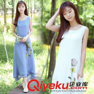 亞麻系列 實拍2015夏文藝時尚中長款無袖大擺長裙印花棉麻連衣裙原始圖片3