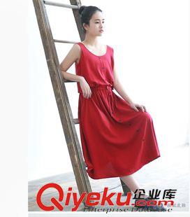 亞麻系列 夏裝新款小清新文藝女純 棉麻紅色連衣裙無袖背心中長裙原始圖片2